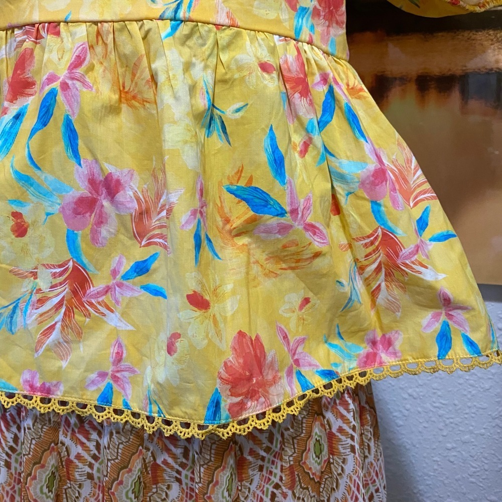 New Umgee Floral Babydoll Top Puff Sleeve Women L Yellow Tropical (Bin 1) - Picture 8 of 9